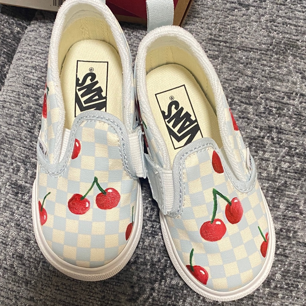 Vans Kids Slip-On Cherry Checkerboard Sneakers - Light Blue/Red